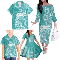 Polynesian Women's Day Family Matching Off Shoulder Long Sleeve Dress and Hawaiian Shirt Plumeria Passion - Teal LT7 - Polynesian Pride