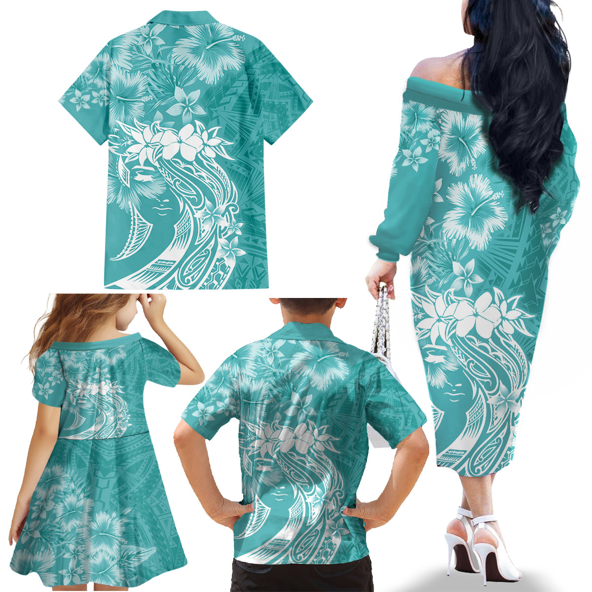 Polynesian Women's Day Family Matching Off Shoulder Long Sleeve Dress and Hawaiian Shirt Plumeria Passion - Teal LT7 - Polynesian Pride