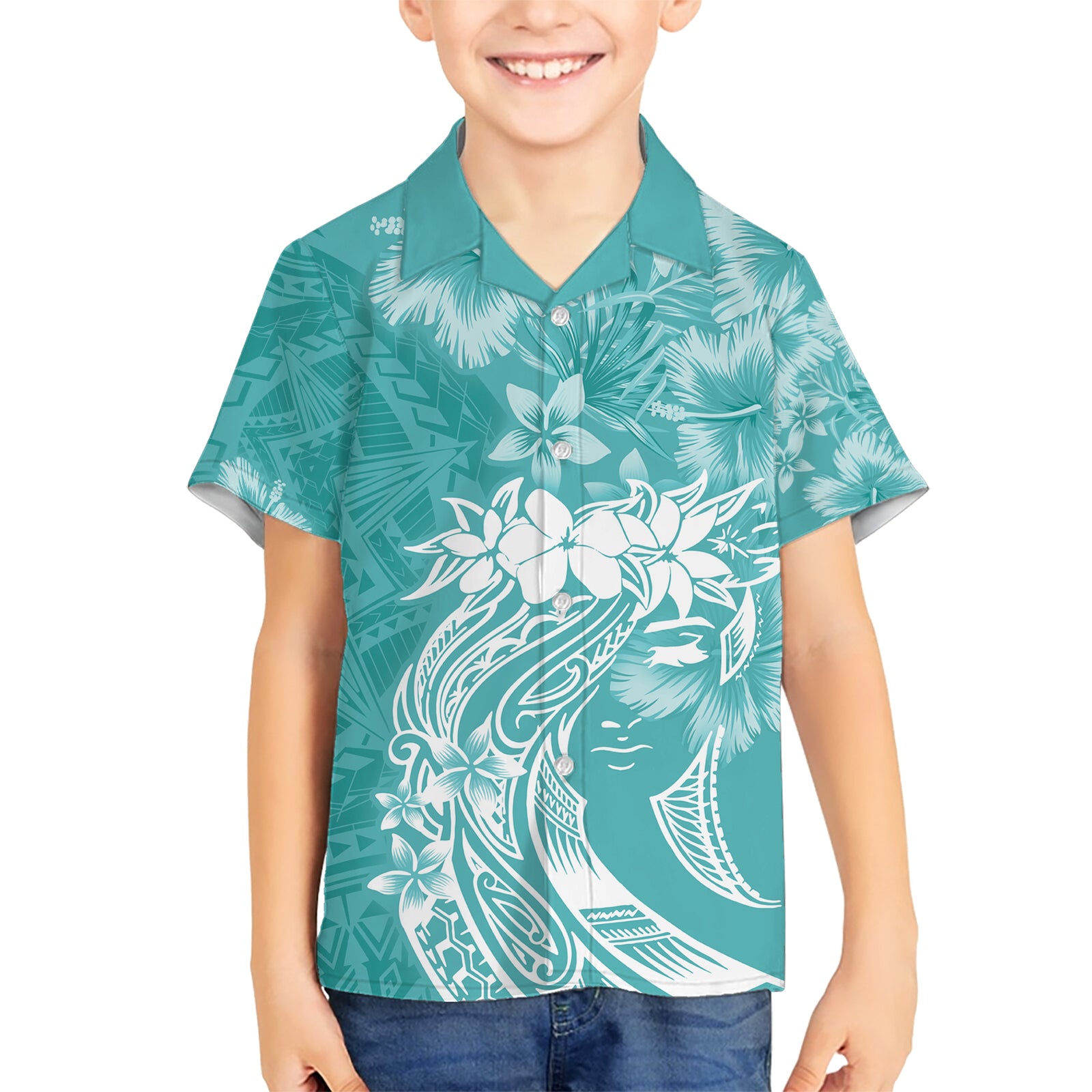 Polynesian Women's Day Kid Hawaiian Shirt Plumeria Passion - Teal LT7 Kid Teal - Polynesian Pride