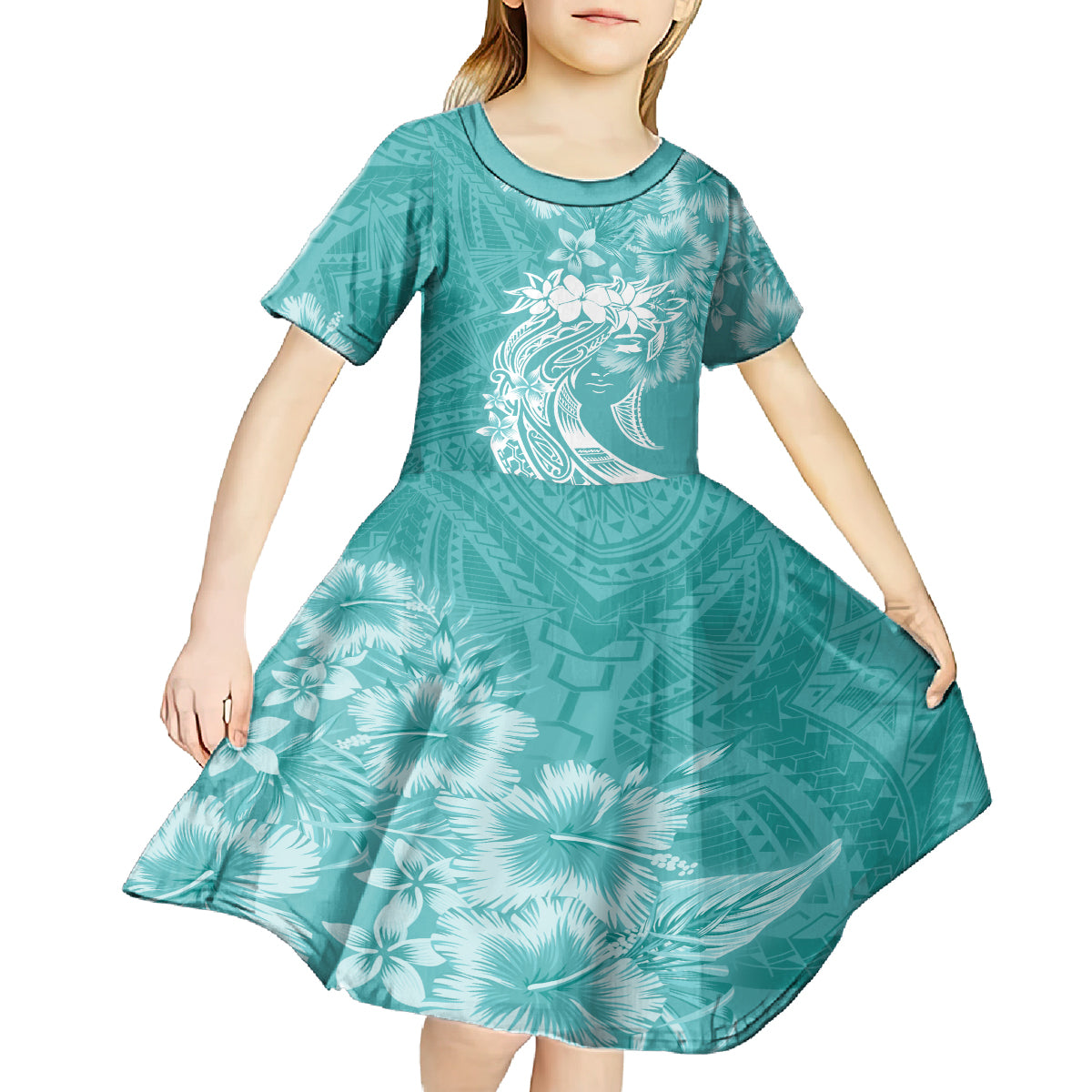 Polynesian Women's Day Kid Short Sleeve Dress Plumeria Passion - Teal LT7 - Polynesian Pride