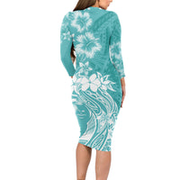 Polynesian Women's Day Long Sleeve Bodycon Dress Plumeria Passion - Teal LT7 - Polynesian Pride