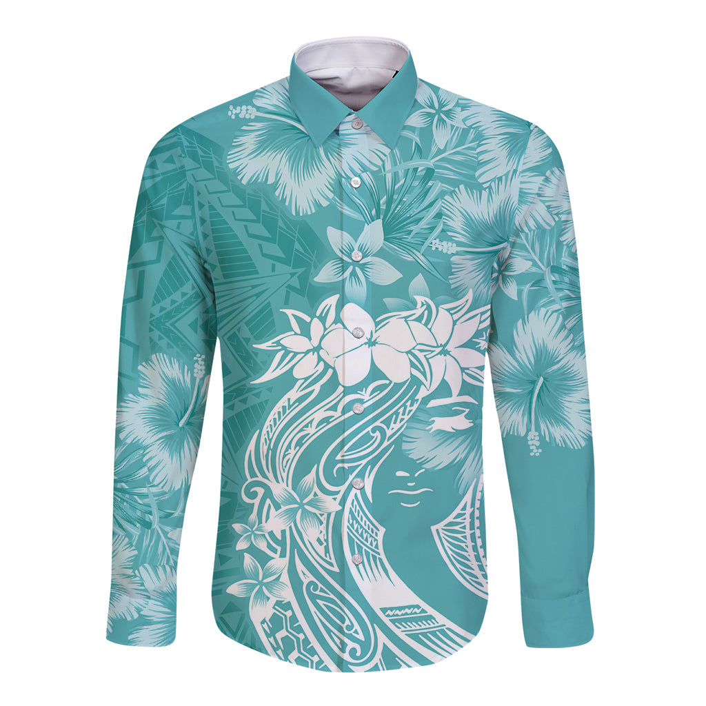Polynesian Women's Day Long Sleeve Button Shirt Plumeria Passion - Teal LT7 Unisex Teal - Polynesian Pride