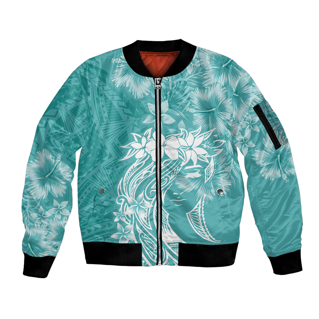 Polynesian Women's Day Sleeve Zip Bomber Jacket Plumeria Passion - Teal LT7 Unisex Teal - Polynesian Pride