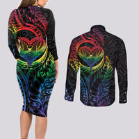 New Zealand Pride Couples Matching Long Sleeve Bodycon Dress and Long Sleeve Button Shirt Takatapui Rainbow Fern