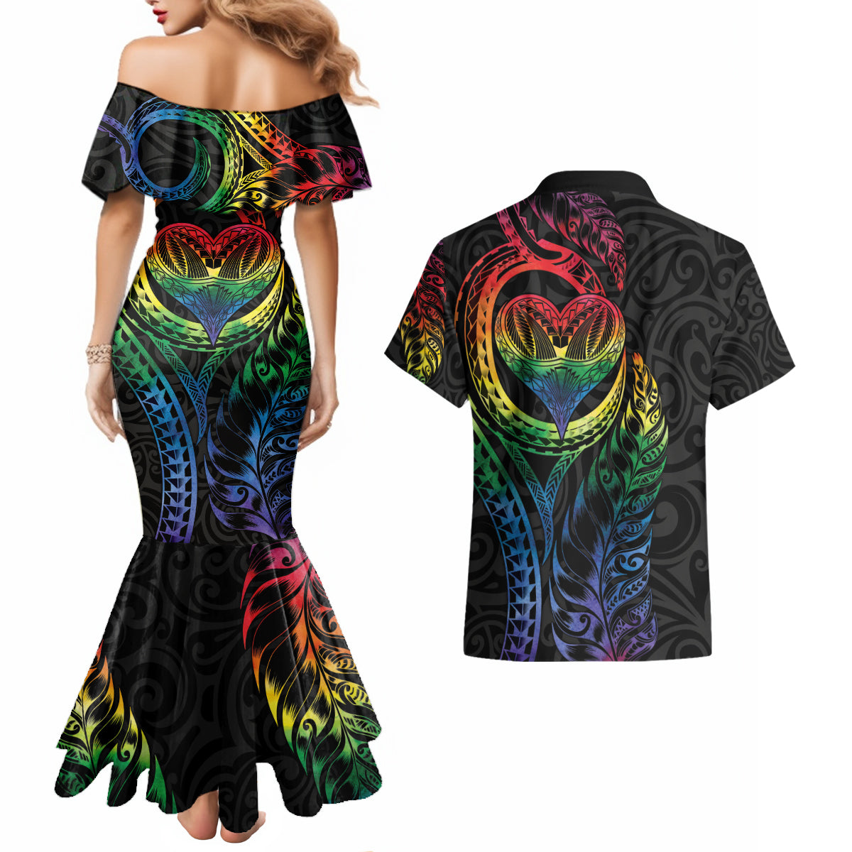 New Zealand Pride Couples Matching Mermaid Dress and Hawaiian Shirt Takatapui Rainbow Fern