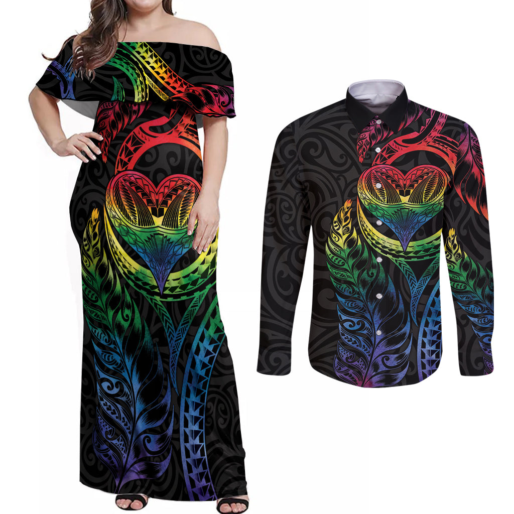 New Zealand Pride Couples Matching Off Shoulder Maxi Dress and Long Sleeve Button Shirt Takatapui Rainbow Fern LT7 Colorful - Polynesian Pride