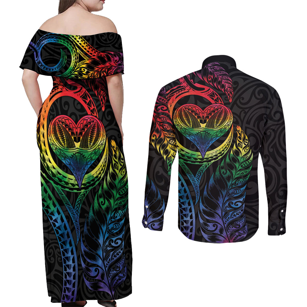 New Zealand Pride Couples Matching Off Shoulder Maxi Dress and Long Sleeve Button Shirt Takatapui Rainbow Fern LT7 - Polynesian Pride