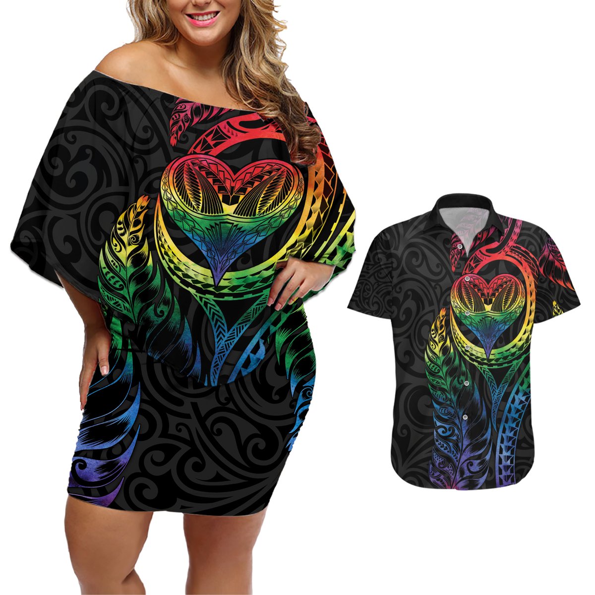 New Zealand Pride Couples Matching Off Shoulder Short Dress and Hawaiian Shirt Takatapui Rainbow Fern