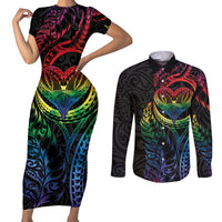 New Zealand Pride Couples Matching Short Sleeve Bodycon Dress and Long Sleeve Button Shirt Takatapui Rainbow Fern