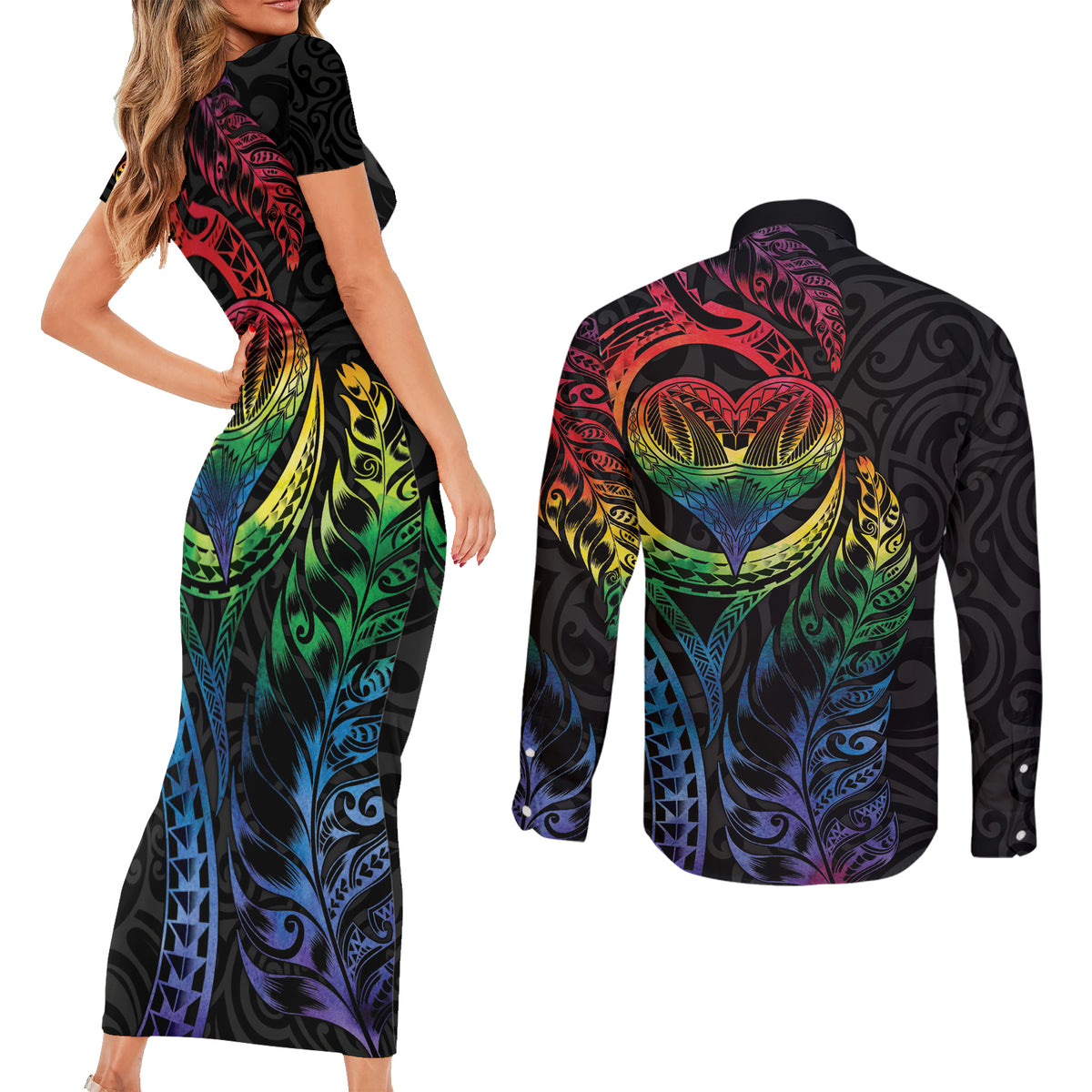 New Zealand Pride Couples Matching Short Sleeve Bodycon Dress and Long Sleeve Button Shirt Takatapui Rainbow Fern