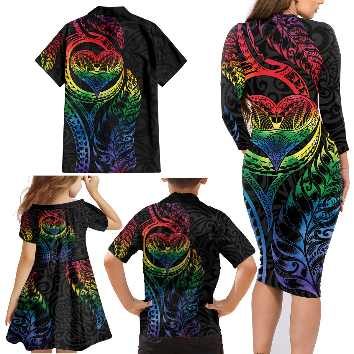 New Zealand Pride Family Matching Long Sleeve Bodycon Dress and Hawaiian Shirt Takatapui Rainbow Fern LT7 - Polynesian Pride