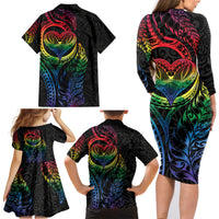 New Zealand Pride Family Matching Long Sleeve Bodycon Dress and Hawaiian Shirt Takatapui Rainbow Fern LT7 - Polynesian Pride