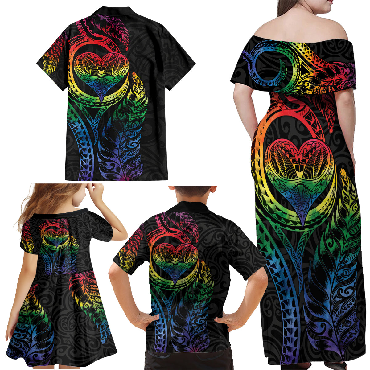 New Zealand Pride Family Matching Off Shoulder Maxi Dress and Hawaiian Shirt Takatapui Rainbow Fern LT7 - Polynesian Pride