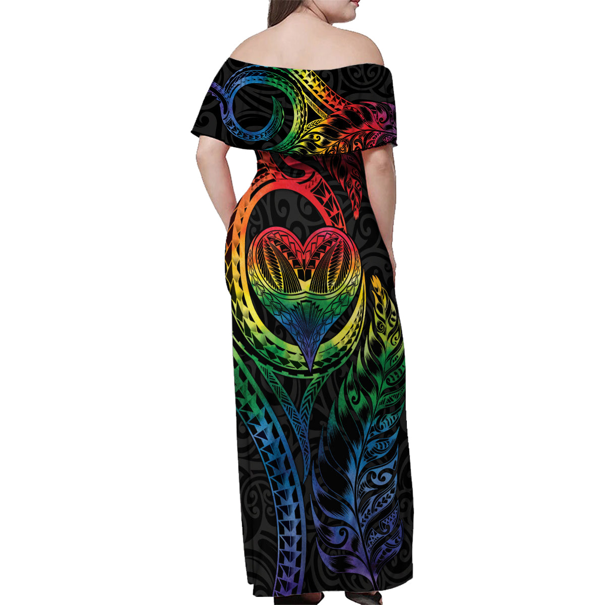 New Zealand Pride Family Matching Off Shoulder Maxi Dress and Hawaiian Shirt Takatapui Rainbow Fern LT7 - Polynesian Pride