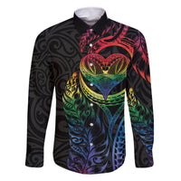 New Zealand Pride Family Matching Off Shoulder Short Dress and Hawaiian Shirt Takatapui Rainbow Fern LT7 Dad's Shirt - Long Sleeve Colorful - Polynesian Pride