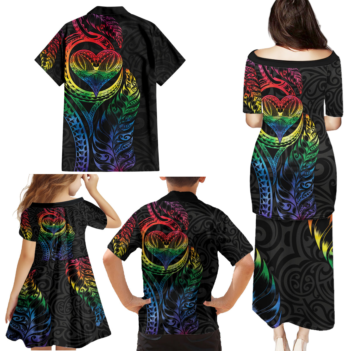 New Zealand Pride Family Matching Puletasi and Hawaiian Shirt Takatapui Rainbow Fern LT7 - Polynesian Pride