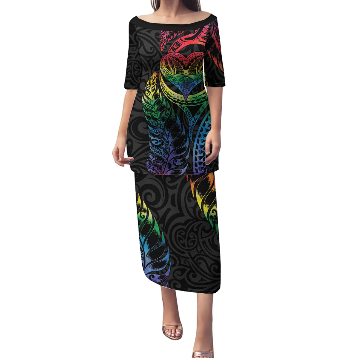 New Zealand Pride Family Matching Puletasi and Hawaiian Shirt Takatapui Rainbow Fern LT7 Mom's Dress Colorful - Polynesian Pride