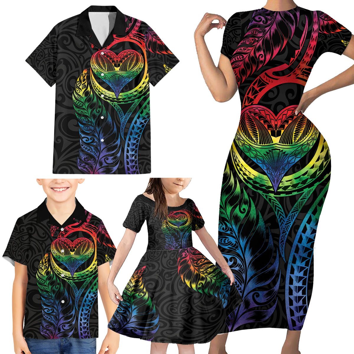 New Zealand Pride Family Matching Short Sleeve Bodycon Dress and Hawaiian Shirt Takatapui Rainbow Fern LT7 - Polynesian Pride
