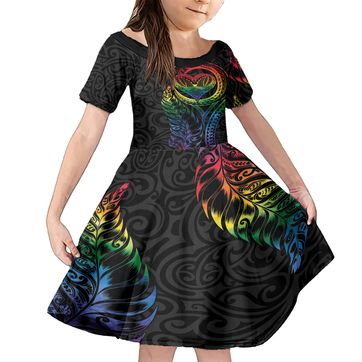 New Zealand Pride Family Matching Summer Maxi Dress and Hawaiian Shirt Takatapui Rainbow Fern LT7 Daughter's Dress Colorful - Polynesian Pride
