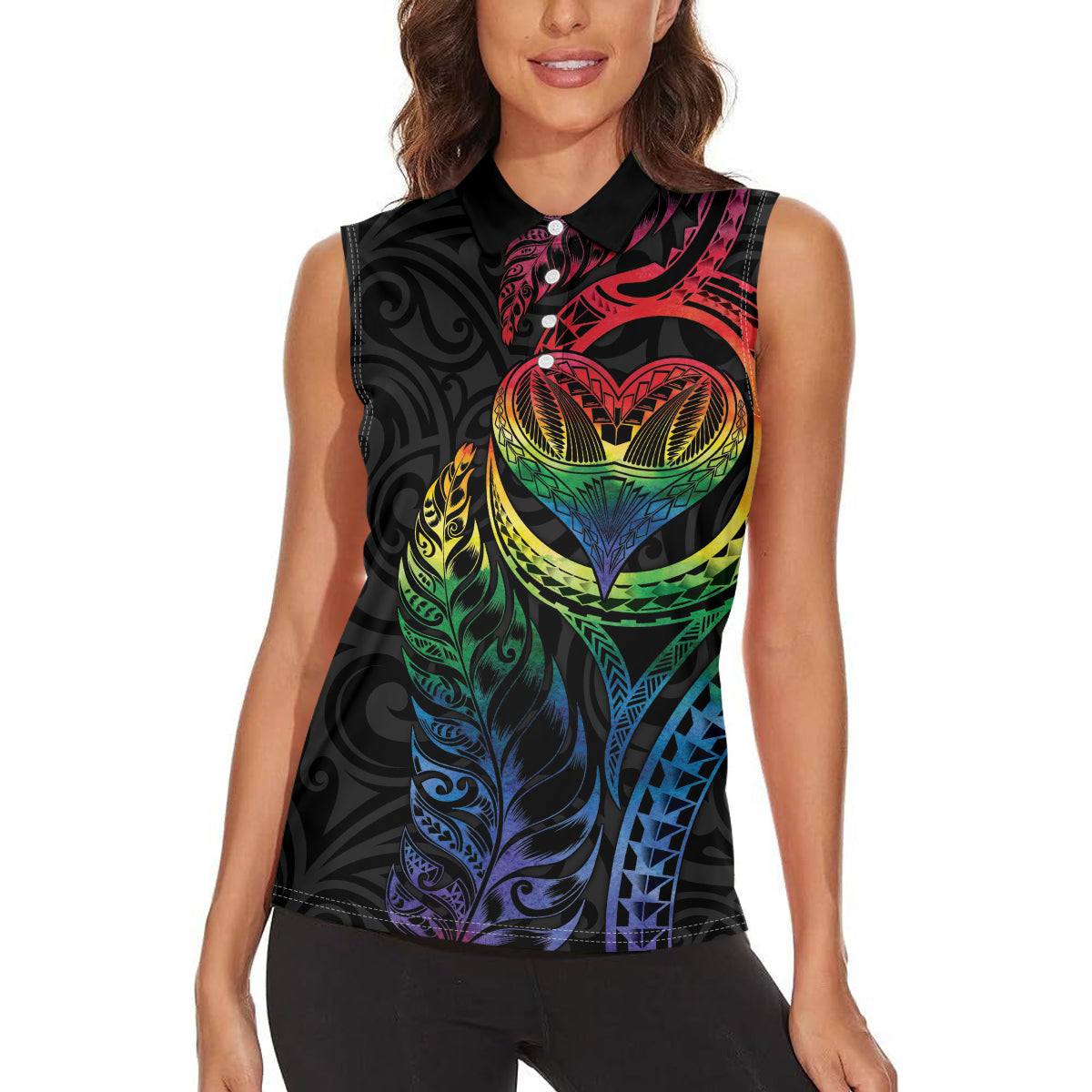 New Zealand Pride Women Sleeveless Polo Shirt Takatapui Rainbow Fern LT7 - Polynesian Pride