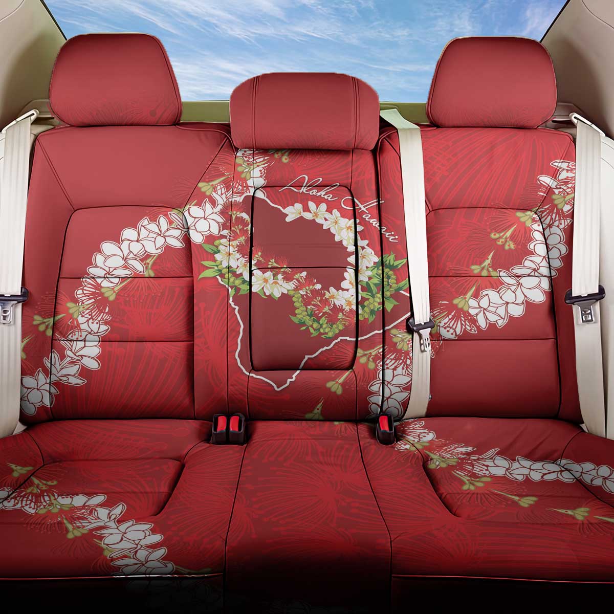 Hawaii Island Flowers Lei Back Car Seat Cover Ohia Lehua Scarlet Red LT7 One Size Red - Polynesian Pride