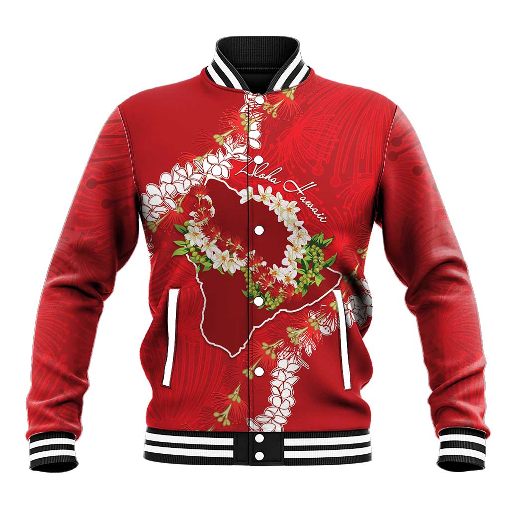 Hawaii Island Flowers Lei Baseball Jacket Ohia Lehua Scarlet Red LT7 Unisex Red - Polynesian Pride