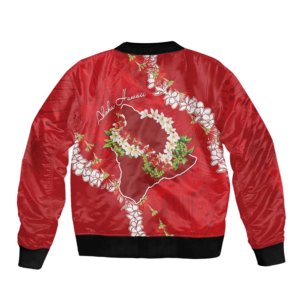Hawaii Island Flowers Lei Bomber Jacket Ohia Lehua Scarlet Red