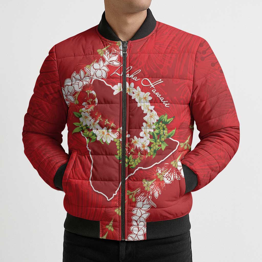 Hawaii Island Flowers Lei Bomber Puffer Jacket Ohia Lehua Scarlet Red