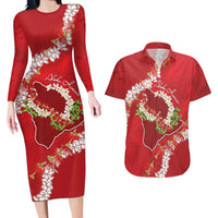 Hawaii Island Flowers Lei Couples Matching Long Sleeve Bodycon Dress and Hawaiian Shirt Ohia Lehua Scarlet Red LT7 Red - Polynesian Pride