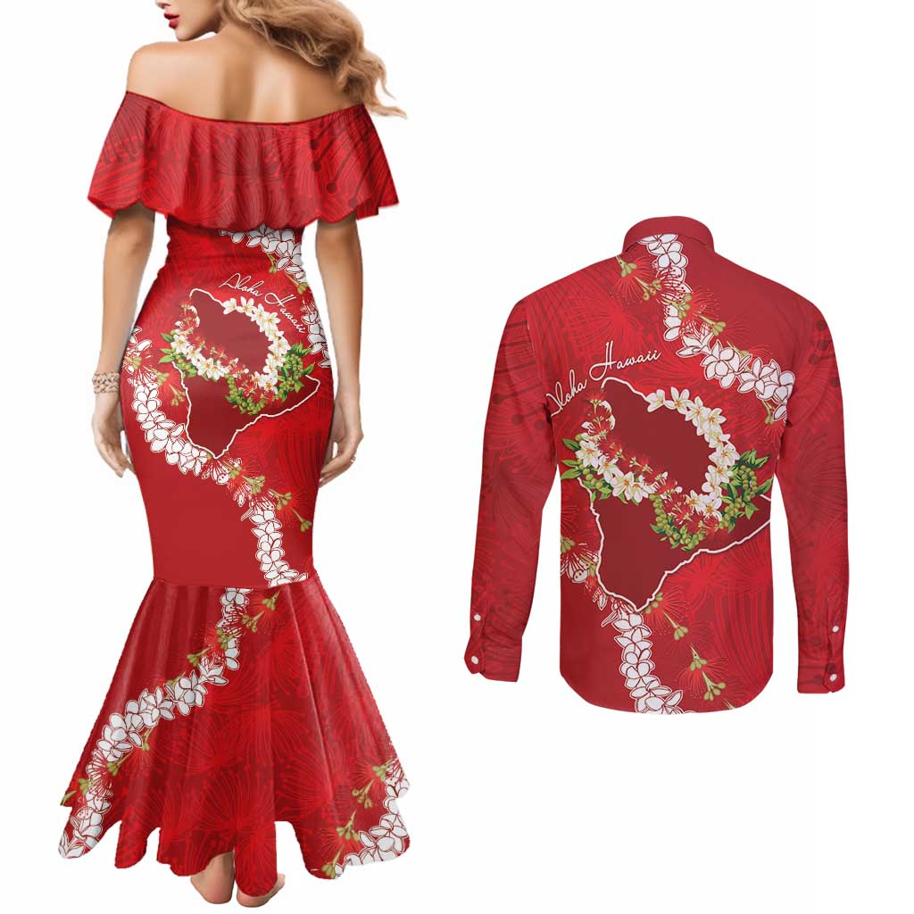 Hawaii Island Flowers Lei Couples Matching Mermaid Dress and Long Sleeve Button Shirt Ohia Lehua Scarlet Red