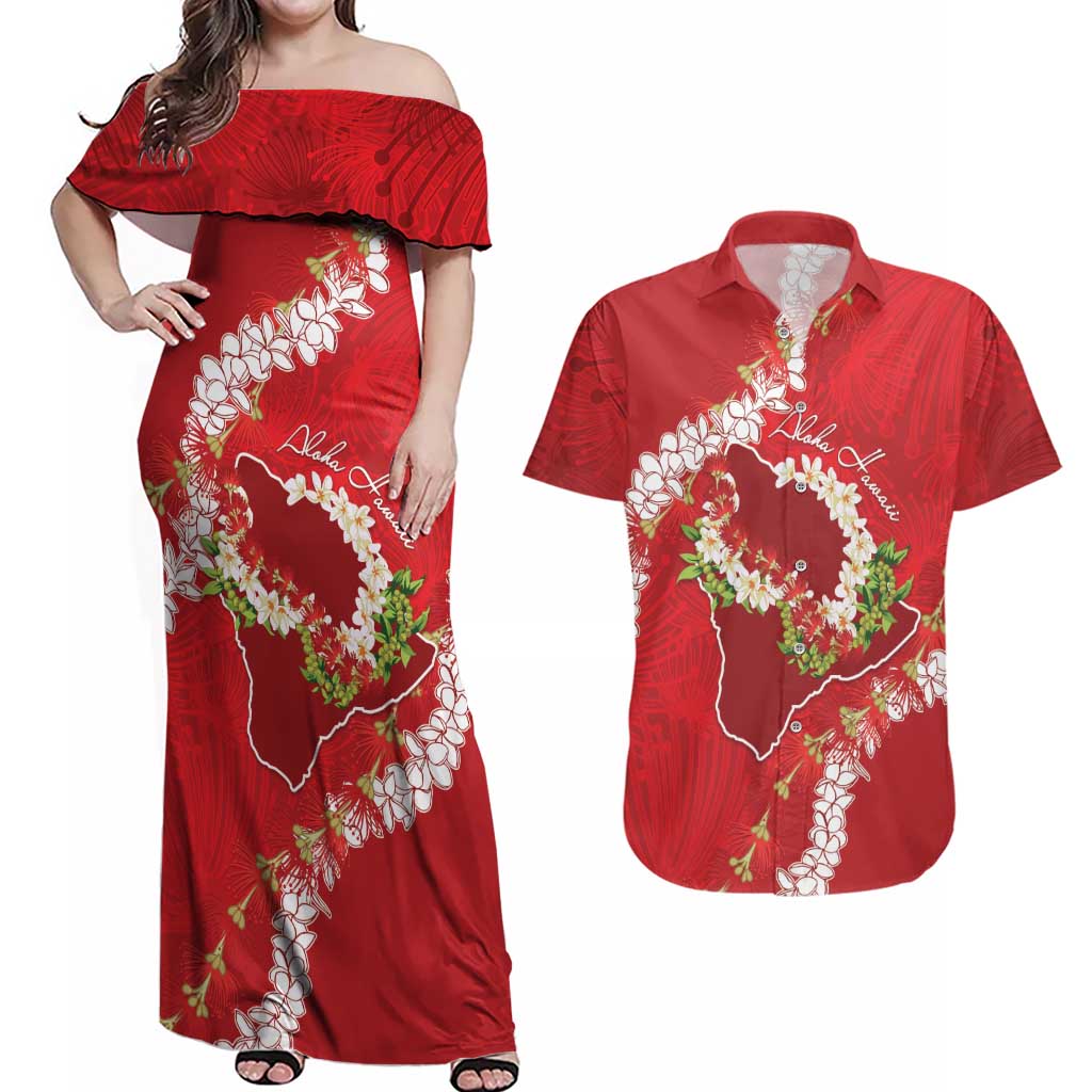 Hawaii Island Flowers Lei Couples Matching Off Shoulder Maxi Dress and Hawaiian Shirt Ohia Lehua Scarlet Red