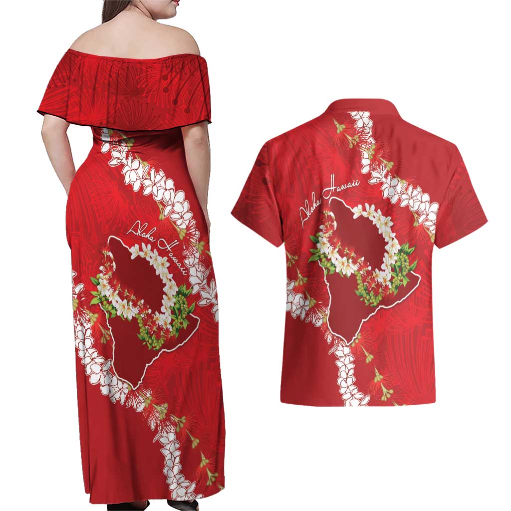 Hawaii Island Flowers Lei Couples Matching Off Shoulder Maxi Dress and Hawaiian Shirt Ohia Lehua Scarlet Red