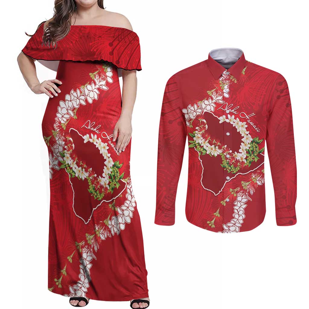 Hawaii Island Flowers Lei Couples Matching Off Shoulder Maxi Dress and Long Sleeve Button Shirt Ohia Lehua Scarlet Red LT7 Red - Polynesian Pride