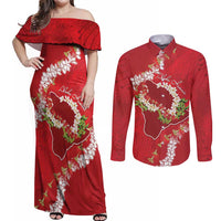 Hawaii Island Flowers Lei Couples Matching Off Shoulder Maxi Dress and Long Sleeve Button Shirt Ohia Lehua Scarlet Red LT7 Red - Polynesian Pride