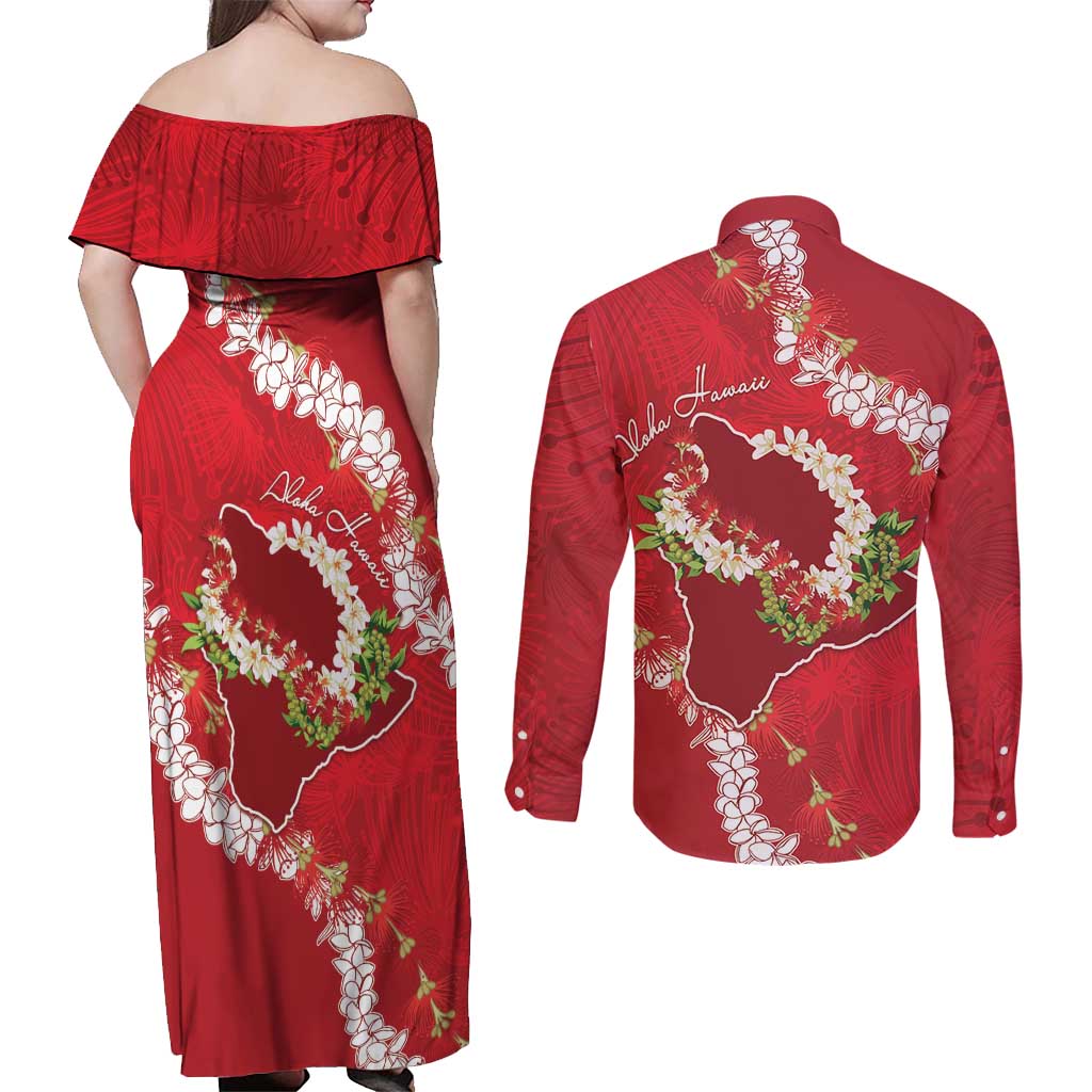 Hawaii Island Flowers Lei Couples Matching Off Shoulder Maxi Dress and Long Sleeve Button Shirt Ohia Lehua Scarlet Red LT7 - Polynesian Pride