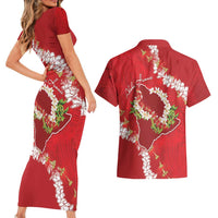 Hawaii Island Flowers Lei Couples Matching Short Sleeve Bodycon Dress and Hawaiian Shirt Ohia Lehua Scarlet Red LT7 - Polynesian Pride