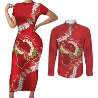 Hawaii Island Flowers Lei Couples Matching Short Sleeve Bodycon Dress and Long Sleeve Button Shirt Ohia Lehua Scarlet Red