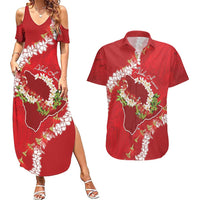 Hawaii Island Flowers Lei Couples Matching Summer Maxi Dress and Hawaiian Shirt Ohia Lehua Scarlet Red