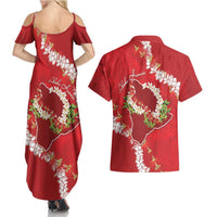 Hawaii Island Flowers Lei Couples Matching Summer Maxi Dress and Hawaiian Shirt Ohia Lehua Scarlet Red