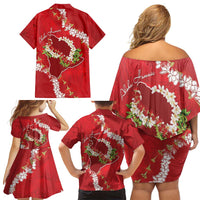 Hawaii Island Flowers Lei Family Matching Off Shoulder Short Dress and Hawaiian Shirt Ohia Lehua Scarlet Red LT7 - Polynesian Pride