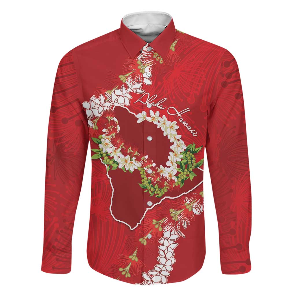Hawaii Island Flowers Lei Family Matching Puletasi and Hawaiian Shirt Ohia Lehua Scarlet Red LT7 Dad's Shirt - Long Sleeve Red - Polynesian Pride