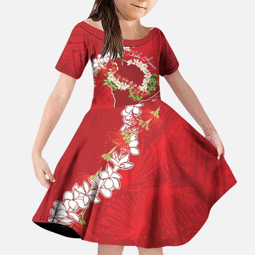 Hawaii Island Flowers Lei Family Matching Summer Maxi Dress and Hawaiian Shirt Ohia Lehua Scarlet Red LT7 Daughter's Dress Red - Polynesian Pride