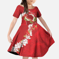 Hawaii Island Flowers Lei Family Matching Summer Maxi Dress and Hawaiian Shirt Ohia Lehua Scarlet Red LT7 Daughter's Dress Red - Polynesian Pride