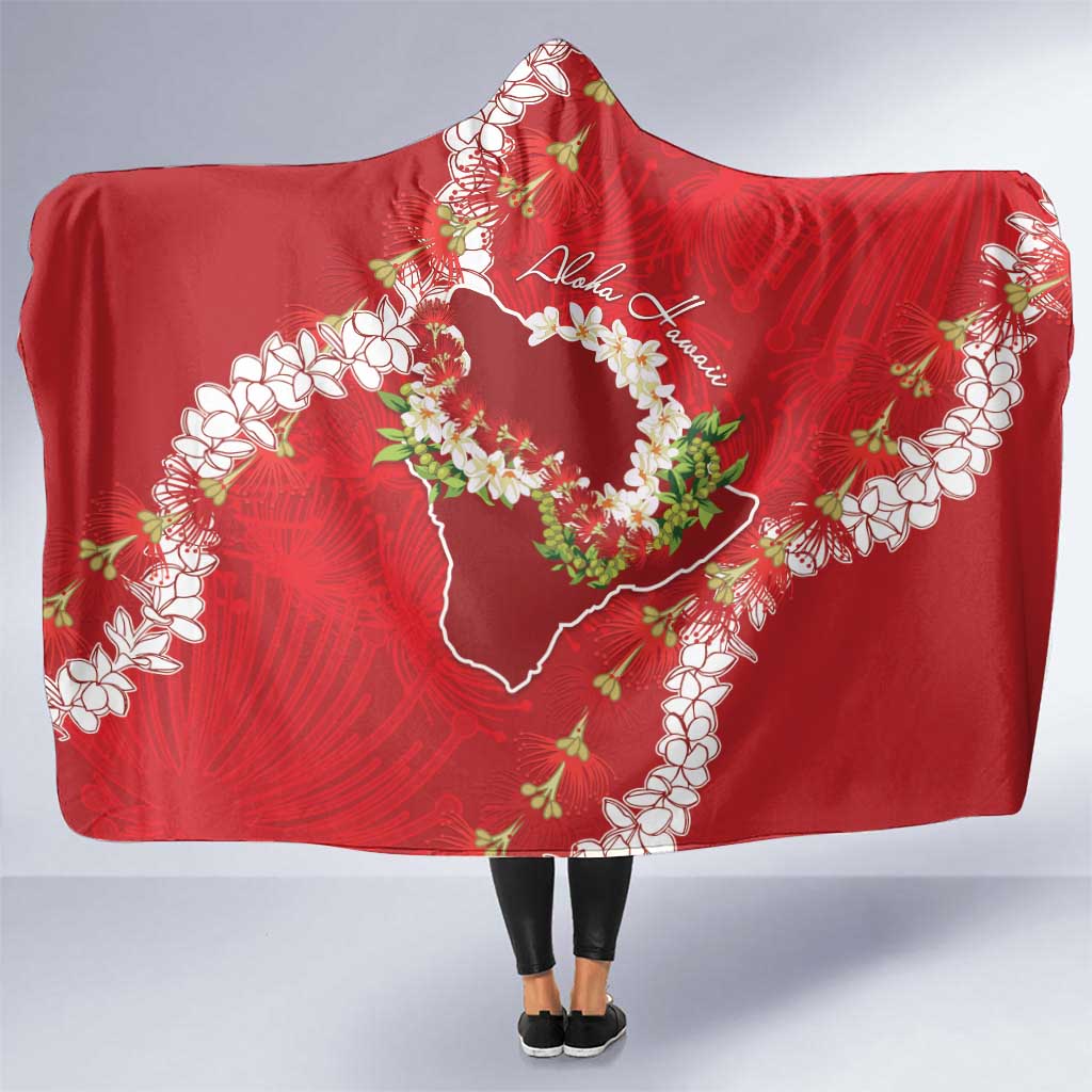 Hawaii Island Flowers Lei Hooded Blanket Ohia Lehua Scarlet Red LT7 One Size Red - Polynesian Pride