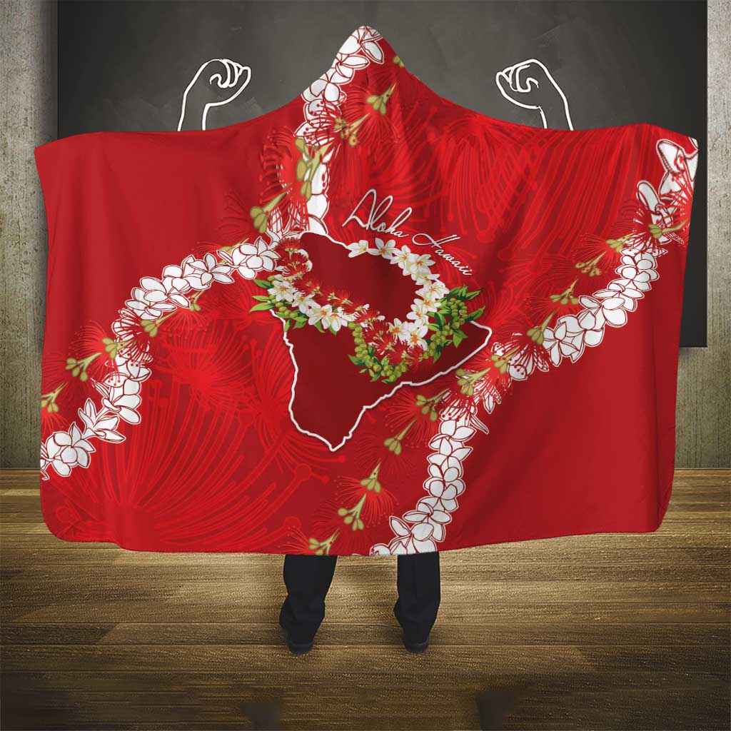Hawaii Island Flowers Lei Hooded Blanket Ohia Lehua Scarlet Red