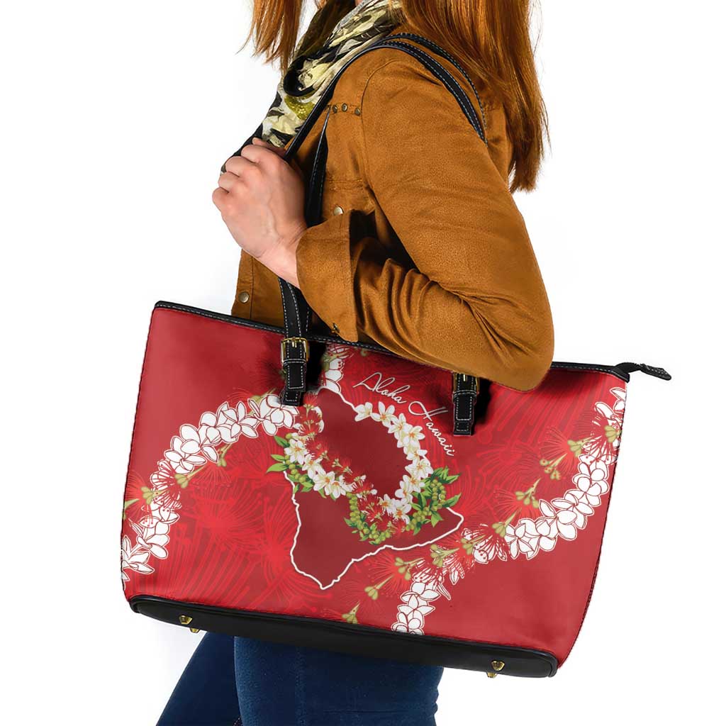 Hawaii Island Flowers Lei Leather Tote Bag Ohia Lehua Scarlet Red LT7 Red - Polynesian Pride