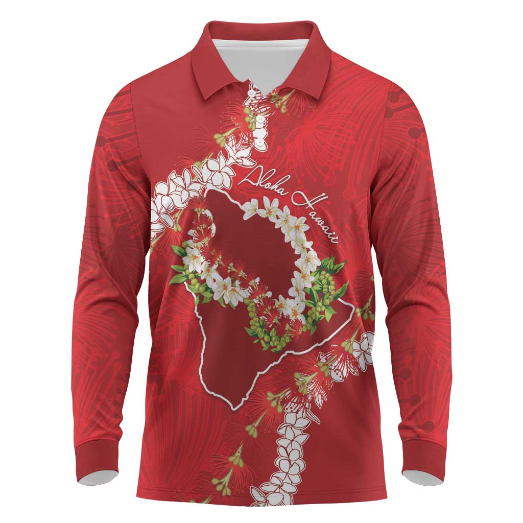 Hawaii Island Flowers Lei Long Sleeve Polo Shirt Ohia Lehua Scarlet Red LT7 Red - Polynesian Pride