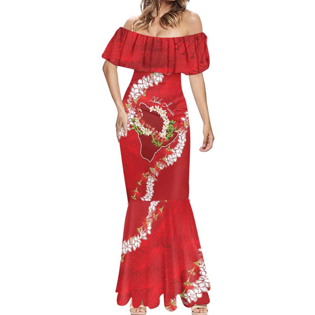 Hawaii Island Flowers Lei Mermaid Dress Ohia Lehua Scarlet Red LT7 - Polynesian Pride