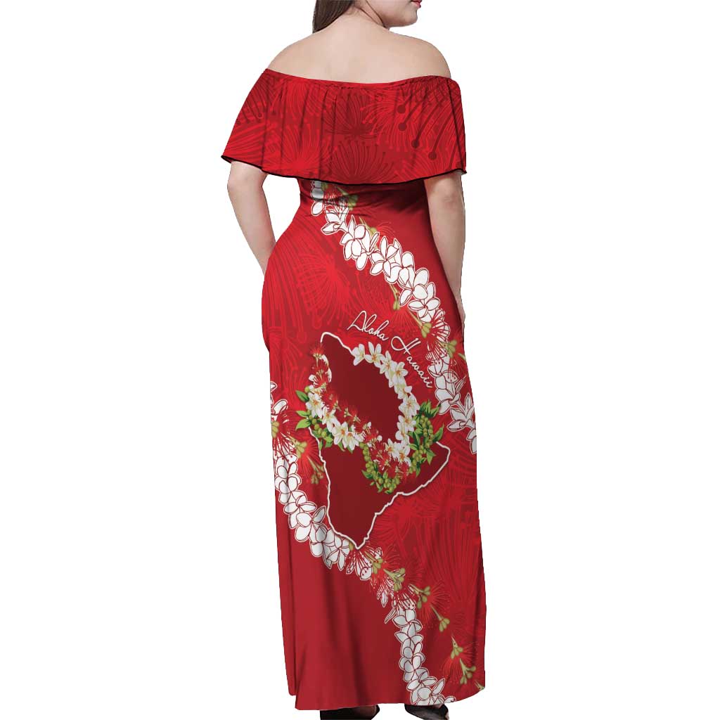 Hawaii Island Flowers Lei Off Shoulder Maxi Dress Ohia Lehua Scarlet Red LT7 - Polynesian Pride