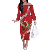 Hawaii Island Flowers Lei Off The Shoulder Long Sleeve Dress Ohia Lehua Scarlet Red LT7 Women Red - Polynesian Pride
